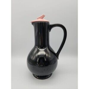 Vintage McCoy Pottery Carafe Pitcher Vase High Gloss Black Ebony with Pink Lid